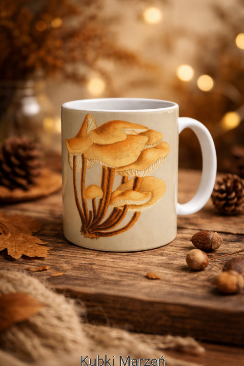 Kubek z botaniczną ilustracją grzybów, Płomiennica zimowa, 330ml