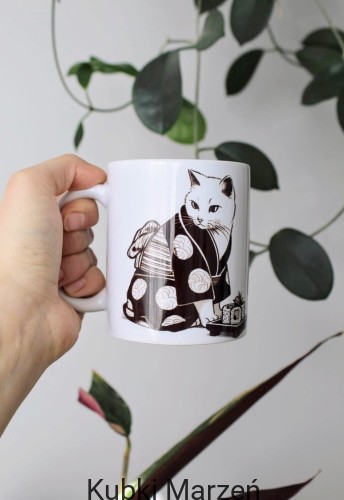 Kubek z motywem kota w kimonie, ilustracja kotka, 330ml