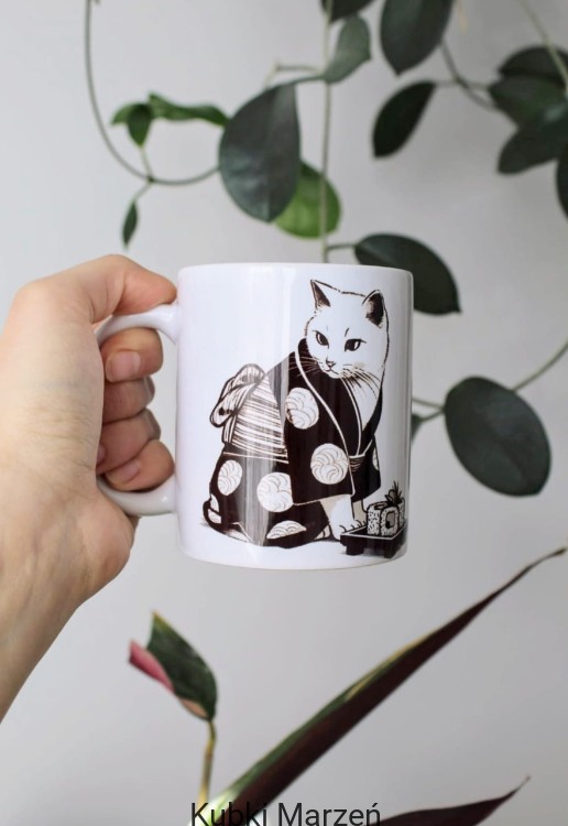 Kubek z motywem kota w kimonie, ilustracja kotka, 330ml