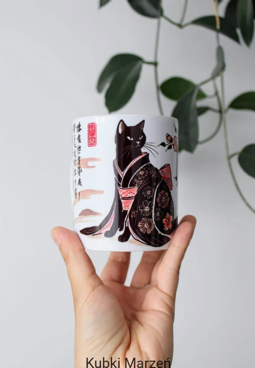 Kubek z czarnym kotem w kimono, kwiaty sakura, 330ml