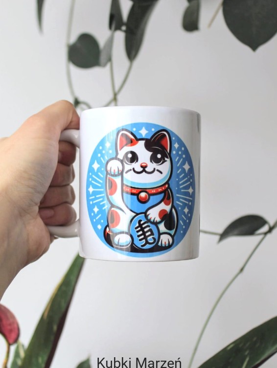 Kubek Kot szczęścia - Maneki Neko na niebieskim tle 330ml
