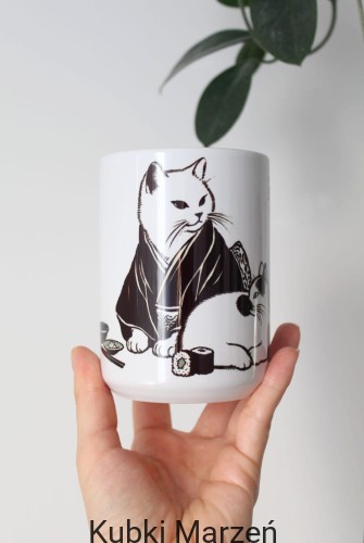 Duży kubek z kotkami kimono, sushi, japoński styl, 450ml