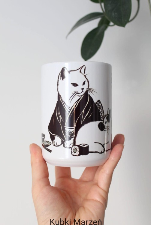 Duży kubek z kotkami kimono, sushi, japoński styl, 450ml