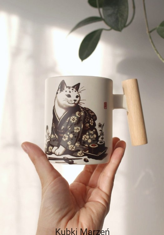 Kubek „Kot w kimonie w kwiaty Sakura” z drewnianym uchwytem, 330 ml