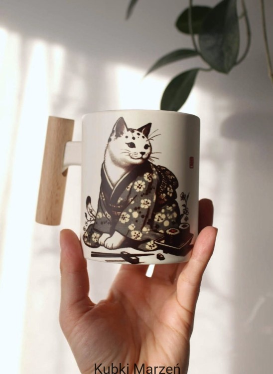 Kubek „Kot w kimonie w kwiaty Sakura” z drewnianym uchwytem, 330 ml