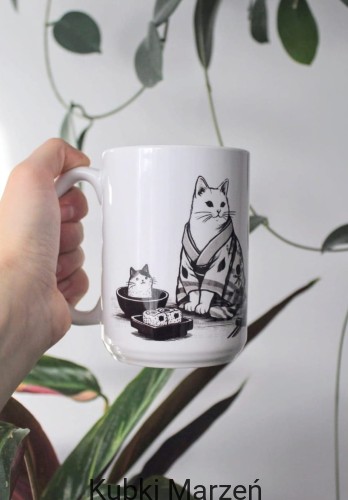 Kubek 450 ml „Koty w Kimonach” – japońska ilustracja, biały ceramiczny kubek