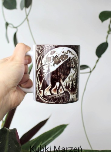 Kubek „Wilk w lesie” 330 ml – ceramiczny kubek z leśnym motywem i księżycem