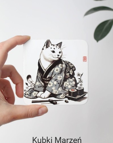 Podkładka pod kubek z kotkiem w kimonie w kwiaty sakura