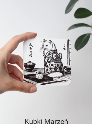 Podkładka pod kubek z białym kotem w kimonie i sushi