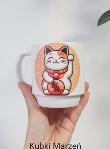Kubek z podstawką i pokrywką Maneki Neko pudrowy różowy, 300ml