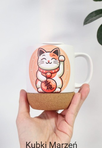 Kubek z podstawką i pokrywką Maneki Neko pudrowy różowy, 300ml
